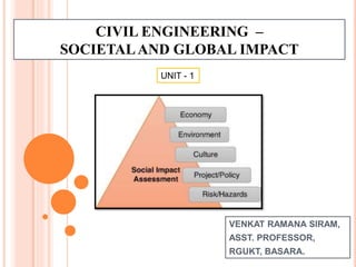 CIVIL ENGINEERING –
SOCIETALAND GLOBAL IMPACT
UNIT - 1
VENKAT RAMANA SIRAM,
ASST. PROFESSOR,
RGUKT, BASARA.
 