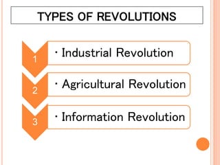 TYPES OF REVOLUTIONS
1
• Industrial Revolution
2
• Agricultural Revolution
3 • Information Revolution
 