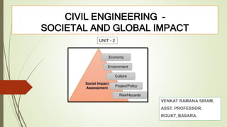 CIVIL ENGINEERING –
SOCIETAL AND GLOBAL IMPACT
VENKAT RAMANA SIRAM,
ASST. PROFESSOR,
RGUKT, BASARA.
UNIT - 2
 