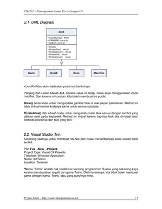 CSH202 – Pemrograman Game Tetris Dengan C#


2.1 UML Diagram




KoordKiriAtas akan dijelaskan pada bab berikutnya.

Panjang dan Lebar adalah 4x4. Karena value ini tetap, maka saya menggunakan const
modifier. Dan karena ini konstan, kita boleh membuatnya public.

Draw() berisi kode untuk mengupdate gambar blok di atas papan permainan. Method ini
tidak virtrual karena kodenya sama untuk semua subclass.

RotateAtas() dsb adalah kode untuk mengubah posisi blok sesuai dengan tombol yang
ditekan user pada keyboard. Method ini virtual karena tiap-tiap blok jika di-rotasi akan
berbeda posisinya dari blok yang lain.




2.2 Visual Studio .Net
Sekarang saatnya untuk membuat VS.Net dan mulai menambahkan kode sedikit demi
sedikit.

Pilih File→New→Project:
Project Type: Visual C# Projects
Template: Windows Application
Name: dotTetrus
Location: Terserah

*Nama “Tetris” adalah hak intelektual seorang programmer Russia yang sekarang kaya
karena mendapatkan royalti dari game Tetris. Oleh karenanya, kita tidak boleh membuat
game dengan nama “Tetris” atau yang bunyinya mirip.




Project Otak – http://otak.csharpindonesia.net                                       15
 