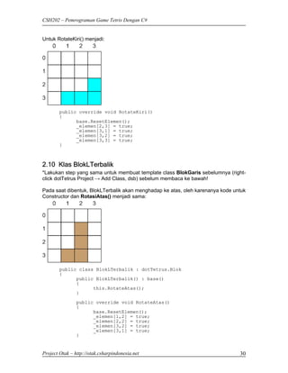CSH202 – Pemrograman Game Tetris Dengan C#


Untuk RotateKiri() menjadi:




        public override void RotateKiri()
        {
              base.ResetElemen();
              _elemen[2,3] = true;
              _elemen[3,1] = true;
              _elemen[3,2] = true;
              _elemen[3,3] = true;
        }



2.10 Klas BlokLTerbalik
*Lakukan step yang sama untuk membuat template class BlokGaris sebelumnya (right-
click dotTetrus Project → Add Class, dsb) sebelum membaca ke bawah!

Pada saat dibentuk, BlokLTerbalik akan menghadap ke atas, oleh karenanya kode untuk
Constructor dan RotasiAtas() menjadi sama:




        public class BlokLTerbalik : dotTetrus.Blok
        {
              public BlokLTerbalik() : base()
              {
                    this.RotateAtas();
              }
                public override void RotateAtas()
                {
                      base.ResetElemen();
                      _elemen[1,2] = true;
                      _elemen[2,2] = true;
                      _elemen[3,2] = true;
                      _elemen[3,1] = true;
                }


Project Otak – http://otak.csharpindonesia.net                                  30
 