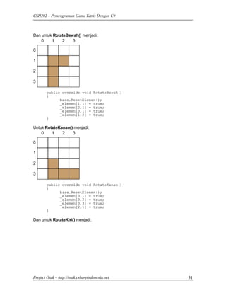 CSH202 – Pemrograman Game Tetris Dengan C#



Dan untuk RotateBawah() menjadi:




        public override void RotateBawah()
        {
              base.ResetElemen();
              _elemen[1,1] = true;
              _elemen[2,1] = true;
              _elemen[3,1] = true;
              _elemen[1,2] = true;
        }

Untuk RotateKanan() menjadi:




        public override void RotateKanan()
        {
              base.ResetElemen();
              _elemen[3,1] = true;
              _elemen[3,2] = true;
              _elemen[3,3] = true;
              _elemen[2,1] = true;
        }

Dan untuk RotateKiri() menjadi:




Project Otak – http://otak.csharpindonesia.net   31
 