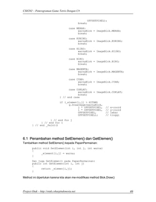 CSH202 – Pemrograman Game Tetris Dengan C#


                                                       OFFSETPIXEL);
                                                 break;

                                        case MERAH:
                                              warnaBlok = ImageBlok.MERAH;
                                              break;
                                        case KUNING:
                                              warnaBlok = ImageBlok.KUNING;
                                              break;
                                        case HIJAU:
                                              warnaBlok = ImageBlok.HIJAU;
                                              break;

                                        case BIRU:
                                              warnaBlok = ImageBlok.BIRU;
                                              break;
                                        case MAGENTA:
                                              warnaBlok = ImageBlok.MAGENTA;
                                              break;
                                        case CYAN:
                                              warnaBlok = ImageBlok.CYAN;
                                              break;
                                      case COKLAT:
                                            warnaBlok = ImageBlok.COKLAT;
                                            break;
                                } // end case
                                if (_elemen[i,j] > HITAM)
                                      g.DrawImage(warnaBlok,
                                            j * OFFSETPIXEL,      //   x-coord
                                            i * OFFSETPIXEL,      //   y-coord
                                            OFFSETPIXEL,          //   lebar
                                            OFFSETPIXEL);         //   tinggi
                    } // end for j
              } // end for i
        } // end _Paint()




6.1 Penambahan method SetElemen() dan GetElemen()
Tambahkan method SetElemen() kepada PapanPermainan:
        public void SetElemen(int i, int j, int warna)
        {
              _element[i,j] = warna;
        }
        Dan juga GetElemen() pada PapanPermainan:
        public int GetElemen(int i, int j)
        {
              return _elemen[i,j];
        }

Method ini diperlukan karena kita akan me-modifikasi method Blok.Draw()



Project Otak – http://otak.csharpindonesia.net                                   49
 