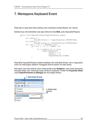 CSH202 – Pemrograman Game Tetris Dengan C#



7. Merespons Keyboard Event



Pada bab ini saya akan fokus koding untuk merespons tombol Bawah, Kiri, Kanan.

Sebelumnya, kita tambahkan satu lagi method ke klas Blok, yaitu HapusDariPapan():
        public void HapusDariPapan(PapanPermainan papan)
        {
              int offset_i =
                       KoordKiriAtas.Y / PapanPermainan.OFFSETPIXEL;
              int offset_j =
                       KoordKiriAtas.X / PapanPermainan.OFFSETPIXEL;
              for (int i = 0; i < PANJANG; i++)
                    for (int j = 0; j < LEBAR; j++)
                    {
                          if (_elemen[i,j] == true)
                                papan.SetElemen(
                                      offset_i + i,
                                      offset_j + j,
                                      PapanPermainan.HITAM);
                    }
        }

Kode Blok.HapusDariPapan() adalah kebalikan dari kode Blok.Draw(), dan ini digunakan
untuk me-reset papan sebelum menggeser blok ke bawah, kiri atau kanan.

Kemudian, kita buat method untuk meng-handle event KeyDown, yaitu event yang akan
menyala ketika user memencet suatu tombol di keyboard. Pindah ke Properties Sheet
untuk PapanPermainan.cs [Design] dan ikuti bagan berikut:




Project Otak – http://otak.csharpindonesia.net                                      54
 