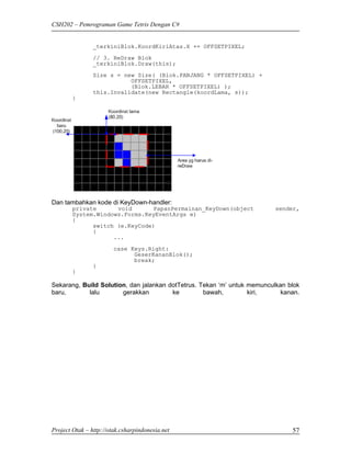 CSH202 – Pemrograman Game Tetris Dengan C#


                _terkiniBlok.KoordKiriAtas.X += OFFSETPIXEL;
                // 3. ReDraw Blok
                _terkiniBlok.Draw(this);
                Size s = new Size( (Blok.PANJANG * OFFSETPIXEL) +
                           OFFSETPIXEL,
                           (Blok.LEBAR * OFFSETPIXEL) );
                this.Invalidate(new Rectangle(koordLama, s));
        }




Dan tambahkan kode di KeyDown-handler:
        private      void       PapanPermainan_KeyDown(object             sender,
        System.Windows.Forms.KeyEventArgs e)
        {
              switch (e.KeyCode)
              {
                    ...
                        case Keys.Right:
                              GeserKananBlok();
                              break;
                }
        }

Sekarang, Build Solution, dan jalankan dotTetrus. Tekan ‘m’ untuk memunculkan blok
baru,       lalu       gerakkan         ke         bawah,         kiri,     kanan.




Project Otak – http://otak.csharpindonesia.net                                 57
 