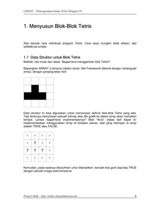 CSH202 – Pemrograman Game Tetris Dengan C#




1. Menyusun Blok-Blok Tetris


Ada banyak cara membuat program Tetris. Cara saya mungkin tidak efisien, tapi
setidaknya simple.


1.1 Data Struktur untuk Blok Tetris
Baiklah, kita mulai dari dasar. Bagaimana menggambar blok Tetris?

Bayangkan ARRAY 2-dimensi (dalam dunia .Net Framework dikenal dengan rectangular
array), dengan panjang-lebar 4x4:




Data struktur ini bisa digunakan untuk menyimpan definisi blok-blok Tetris yang ada.
Tapi tentunya menyimpan sebuah bitmap atau file grafik ke dalam array akan memakan
tempat. Lantas bagaimana implementasinya? Blok “Kros” diatas tadi dapat di-
implementasikan menggunakan array of boolean values. Jadi yang disimpan di array
adalah TRUE atau FALSE:


  F      F     F      F


  F     T      F      F


  T     T      T      F


  F      F     F      F



Kemudian, pada saatnya dibutuhkan untul ditampilkan, barulah kita ganti tiap-tiap TRUE
dengan sebuah image pixel berwarna.




Project Otak – http://otak.csharpindonesia.net                                      8
 