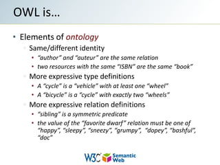 Elements of ontologySame/different identity“author” and “auteur” are the same relationtwo resources with the same “ISBN” are the same “book”More expressive type definitionsA “cycle” is a “vehicle” with at least one “wheel”A “bicycle” is a “cycle” with exactly two “wheels”More expressive relation definitions“sibling” is a symmetric predicatethe value of the “favorite dwarf” relation must be one of “happy”, “sleepy”, “sneezy”, “grumpy”,  “dopey”, “bashful”, “doc”OWL is…