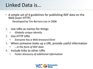 A simple set of 4 guidelines for publishing RDF data on the Web (over HTTP)Developed by Tim Berners-Lee in 2006Use URIs as names for thingsGlobally unique identityUse HTTP URIs Everyone has a Web browser/clientWhen someone looks up a URI, provide useful information…in the form of RDF dataInclude links to other URIsFoster discovery of additional informationLinked Data is…