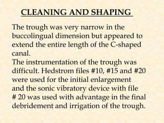 CLEANING AND SHAPING The trough was very narrow in the buccolingual dimension but appeared to extend the entire length of the C-shaped canal. The instrumentation of the trough was difficult. Hedstrom files #10, #15 and #20 were used for the initial enlargementand the sonic vibratory device with file# 20 was used with advantage in the final debridement and irrigation of the trough.