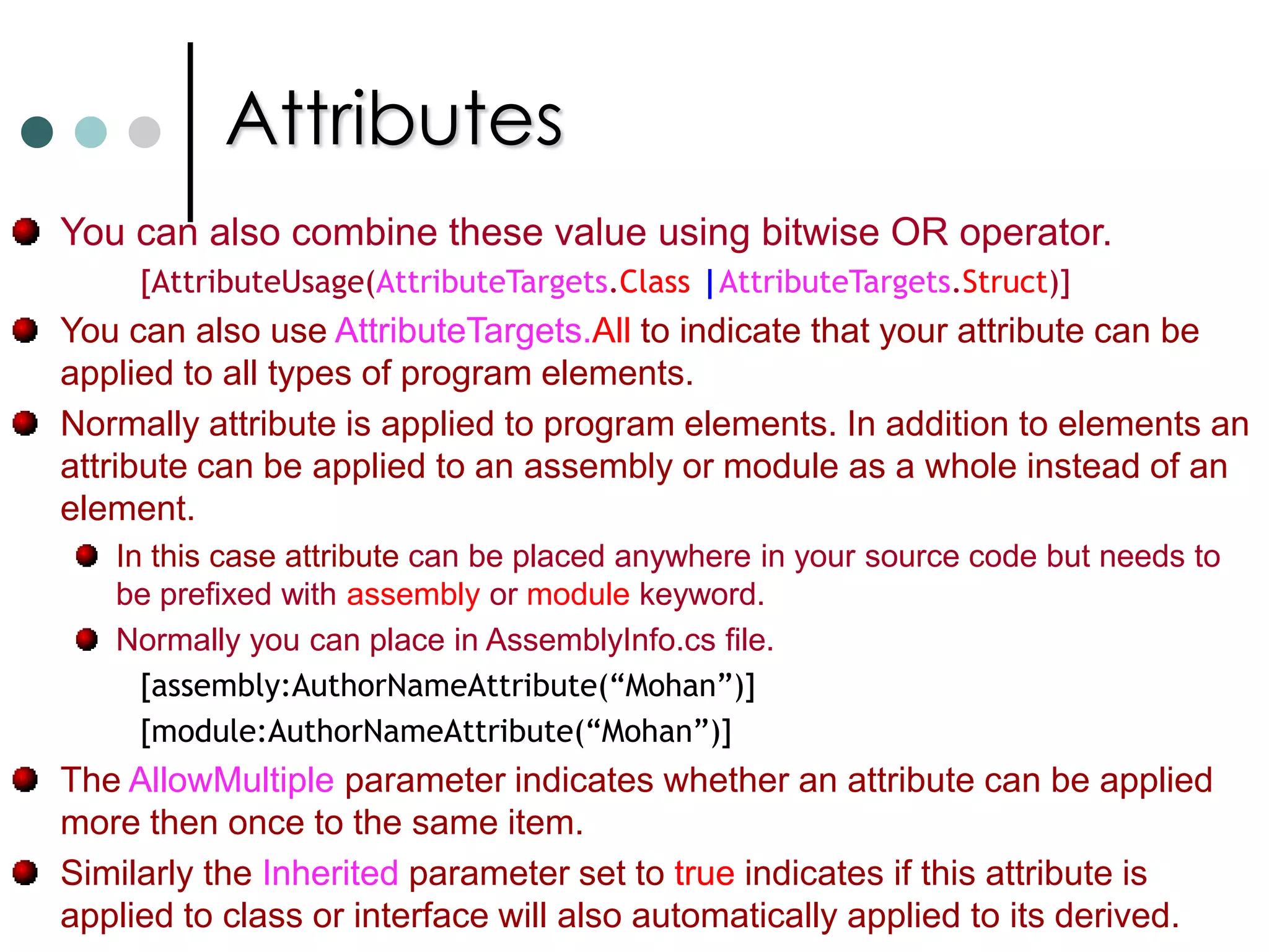 Syntax for destructor is similar to C++. It looks like a method with same names as class but prefixed with tidle(~).  It has no return type, and takes no parameters and no access modifiers. Garbage CollectorRecommended alternative to using destructor is using the System.IDisposable interface. This interface defines a pattern that provides a deterministic mechanism for freeing unmanaged resources and avoid GC related problems. The IDisposable interface defines a single method Dispose() which takes no parameters and returns void. Within this method you can implement releasing the unmanaged resources. It provides a mechanism that allows users of a class to control when resources are freed but requires discipline to ensure Dispose() is called. The benefit of IDisposable is that whenever variable goes out of scope its Dispose() method is called automatically. In general it is better to implement destructors as well as IDispose on your types those required explicit releasing of resources. 