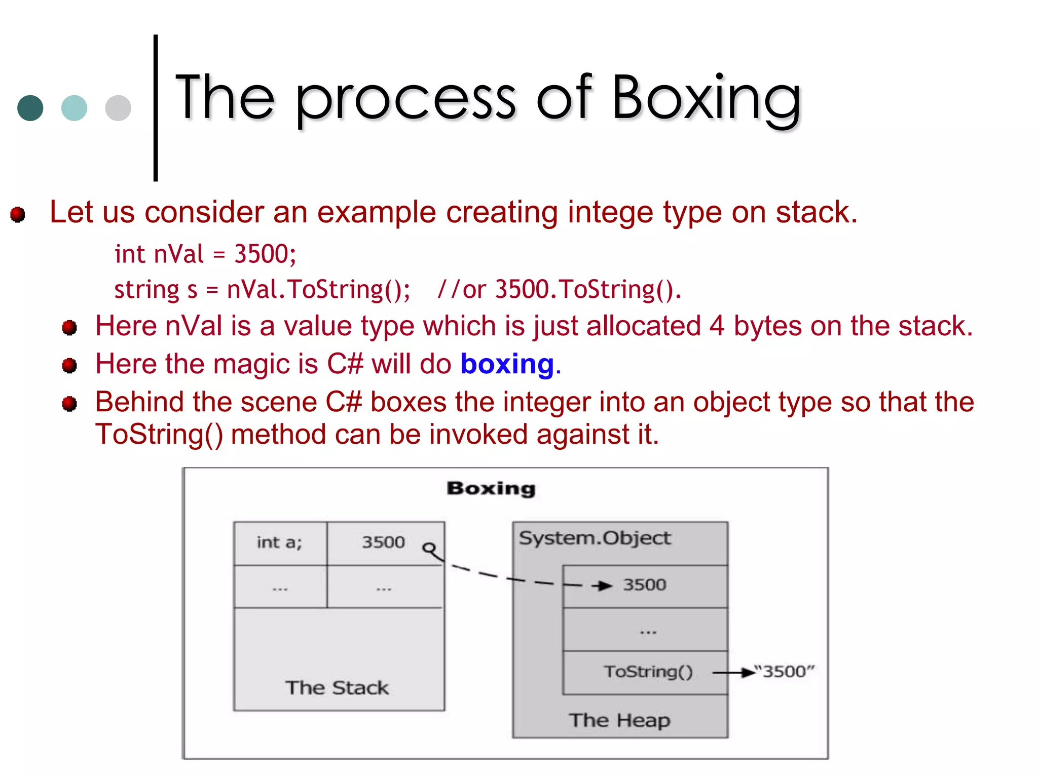 Type Conversion & CastsOften you need to convert data from one type to another. There will be two conversion mechanisms. Implicit Conversion: Conversion between types normally achieved automatically. (Eg: short to int conversion is implicit conversion). Explicit Conversion: Some of the conversions can’t made implicitly. You should make it explicitly using casts. (Eg: int to short). int nVal = 200; 		   short n = (short) nVal;  //Valid cast the max short hold is 32,767Or      short  n = checked((short)nVal); //Explicit casting with safety. Using casts you can convert most of the primitive types from one type to other. With explicit casting you can convert nullable types to non nullable types. But if the variable contains null value then InvalidOperationException is thrown. 
