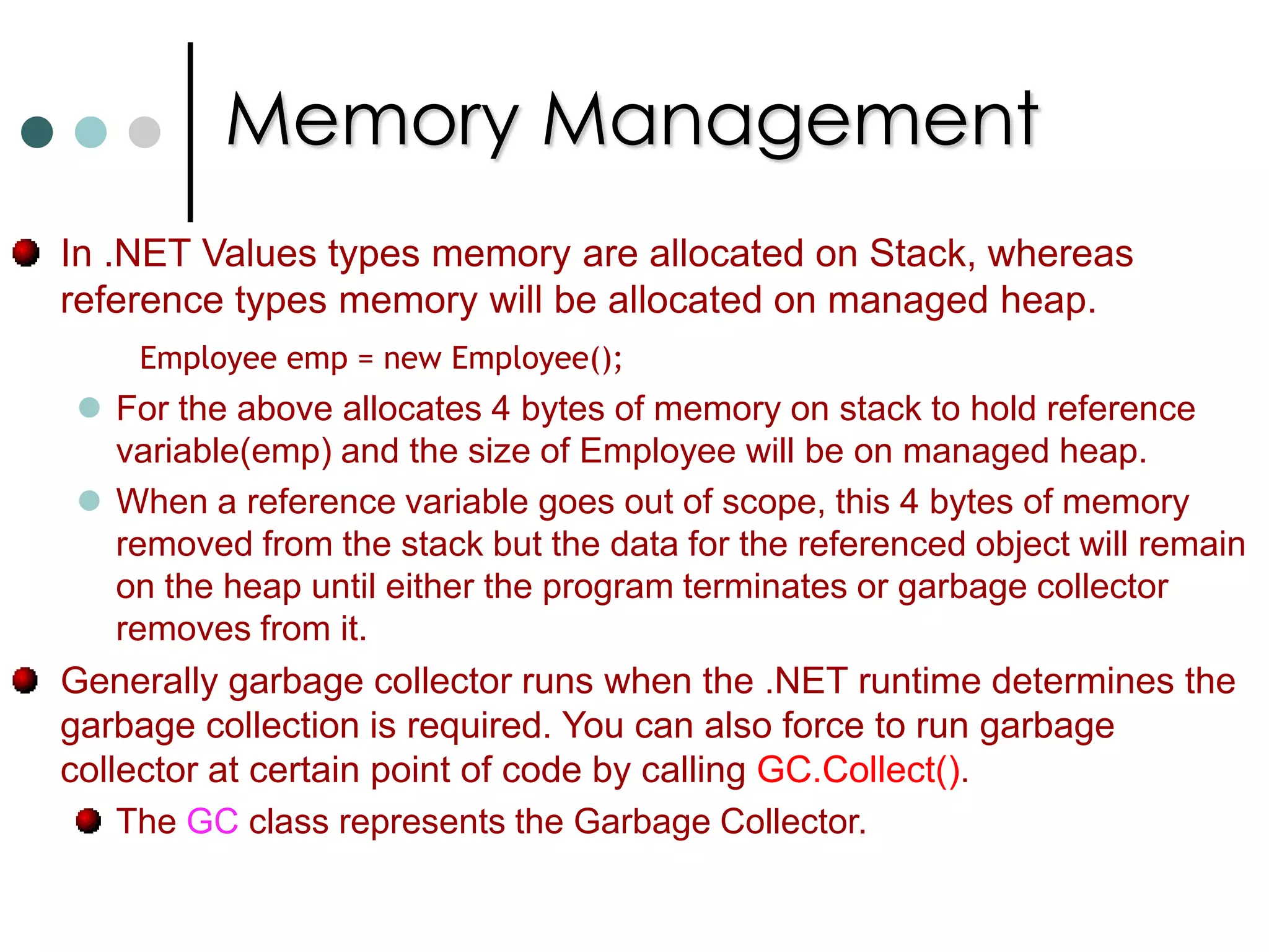 DictionariesThe implementation of GetHashCode() must satisfy the following requirements: The same object should always return the same value. Different objects can return the same value.It should be execute as quickly as possible. It must not throw exceptions. It should use at least one instance field. The hash code value should be evenly distributed across the entire range of numbers that int can store. At best, the hash code shouldn’t change during the lifetime of object. With the help of MultiDictionary<TKey, TValue> class you can add multiple values to the same key. 