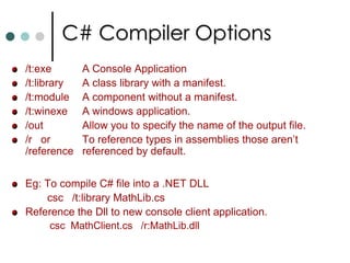 Major Namespaces in .NETSystem: Includes essential classes and base classes for commonly used data types, events, exceptions.System.Collections: Includes classes & interfaces define collection of objects.System.Data: Includes classes which lets us handle data from data sources.System.Data.SqlClient: Includes classes that support the SQL Server .NET providerSystem.Diagnostics: Includes classes that allow to debug application and to step through our codeSystem.Drawing: Provides access to drawing methods.System.Globalization: Includes classes that specify culture-related information.System.IO: Includes classes for data access with Files.System.Net: Provides interface to protocols used on the internet.System.Reflection: Includes classes and interfaces that return information about types, method and fields.System.Security: Includes classes to support the structure of CLR security system.System.Threading: Includes classes & interfaces to support multithreaded apps. System.Windows.Forms: Includes classes for creating Windows based forms.System.XML: Includes classes for XML support