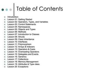 Table of ContentsIntroductionLesson 01: Getting Started Lesson 02: Operators, Types, and VariablesLesson 03: Control Statements   Lesson 04: NamespacesLesson 05: Objects and TypesLesson 06: Methods Lesson 07: Introduction to ClassesLesson 08: StructsLesson 09: Class InheritanceLesson 10: InterfacesLesson 11: PolymorphismLesson 12: Arrays & IndexersLesson 13: Operators & Casts Lesson 14: Overloading Operators Lesson 15: Delegates and EventsLesson 16: Generics Lesson 17: Collections Lesson 18: Memory Management Lesson 19: Attributes & Type class.  Lesson 20: Exceptions 