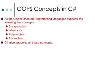The Object ClassAll .NET Classes are ultimately derived from System.Object. Every user defined type can access the public and protected member methods of the Object class. System.Object Methods:ToString()GetHashCode()Equals()GetType()MemberwiseClone()Finalize(); 