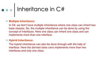 Types of Inheritances In Object Oriented Programming Languages there are two distinct types of inheritances is concerned.Implementation Inheritance: A type derives from base type, taking all the base type’s member fields and functions. In this inheritance derived type adopts the base types implementation of each function, unless it is indicted in the definition of the derived type that a function implementation is to be overridden.    Interface Inheritance:A type that inherits only the signature of the functions but doesn’t inherit any implementation. Interface inheritance often regarded as providing a contract. By deriving interface a type is guaranteed to provide certain functionality to clients. As we discussed previously structs doesn’t support implementation inheritance but it supports interface inheritance. 