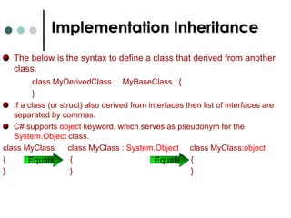 Inheritance in C#The following different types of inheritances exists in C#. Single Inheritance: 	Here we have single base class that is inherited by the derived class. Here the derived class has all the features of the base class and can add new features or modify existing features. The inheritance also depends on the access specifier that is used at the time of base class inheritance.Multi-level Inheritance:In the multi-level inheritance, here we having a chain of inheritance i.e. the base class A is inherited by derived class B, and it is further inherited by another derived class C. So, the feature we have in base class A, is also there in Derived class B, and all the combination features of class A and class B are there in derived class C.