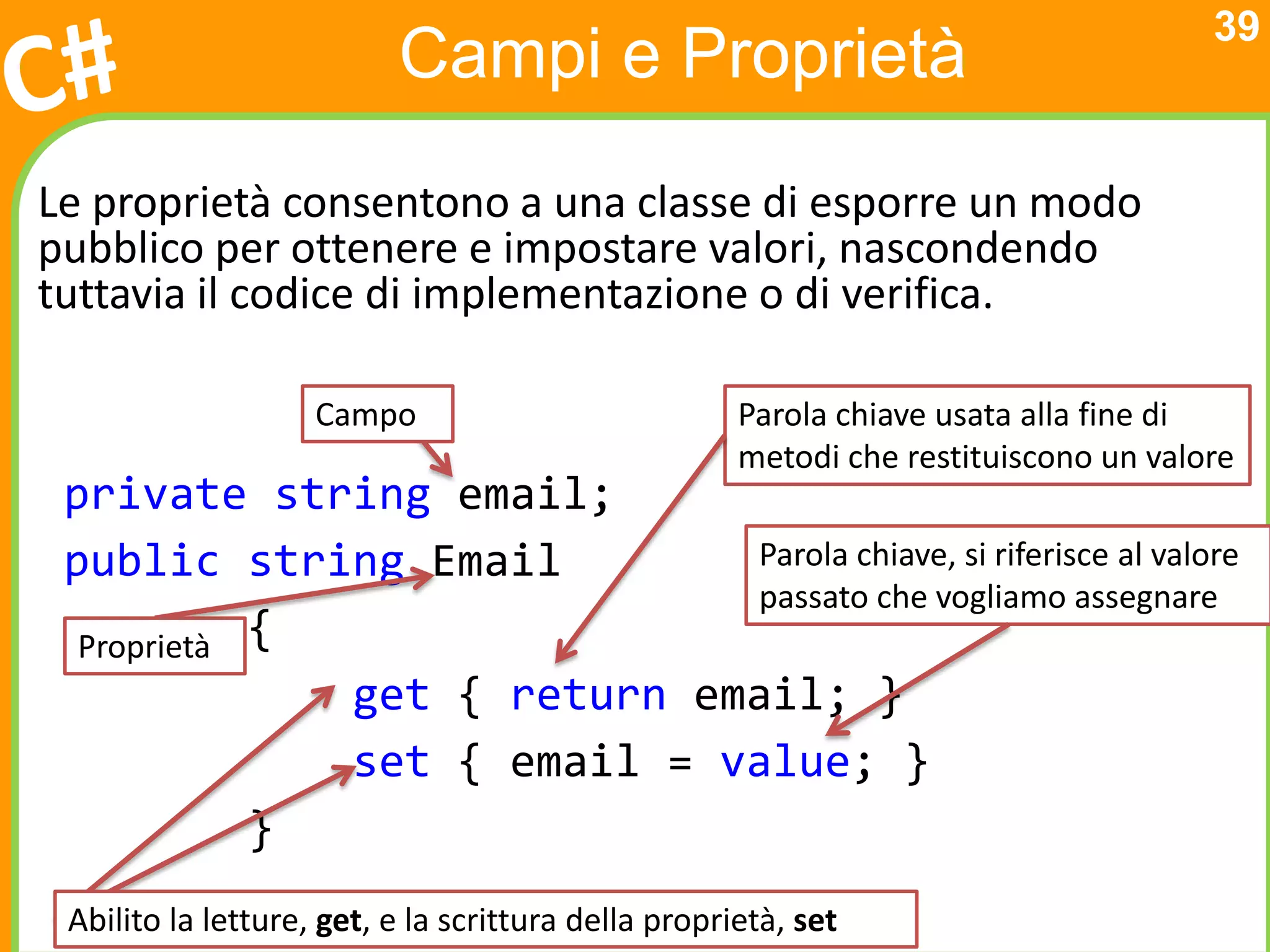 39
                          Campi e Proprietà
Le proprietà consentono a una classe di esporre un modo
pubblico per ottenere e impostare valori, nascondendo
tuttavia il codice di implementazione o di verifica.

                    Campo                            Parola chiave usata alla fine di
                                                     metodi che restituiscono un valore
 private string email;
 public string Email         Parola chiave, si riferisce al valore
                             passato che vogliamo assegnare
  Proprietà {
              get { return email; }
              set { email = value; }
            }
 Abilito la letture, get, e la scrittura della proprietà, set
 