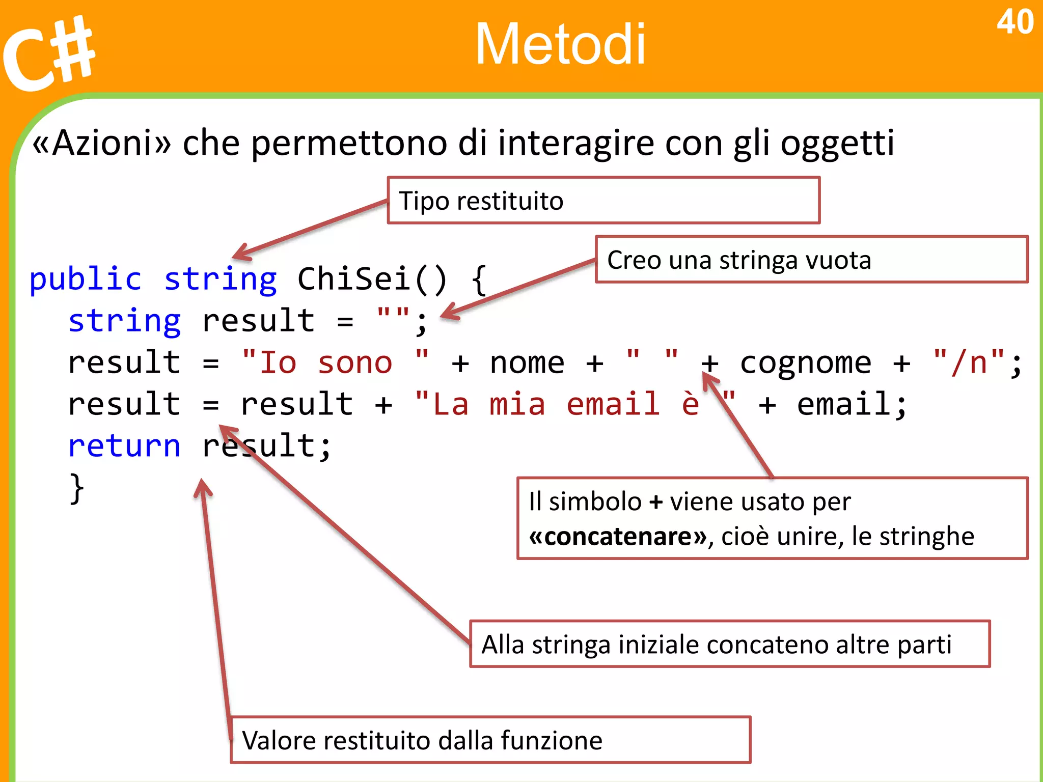 40
                                Metodi
«Azioni» che permettono di interagire con gli oggetti
                         Tipo restituito

                                               Creo una stringa vuota
public string ChiSei() {
  string result = "";
  result = "Io sono " + nome + " " + cognome + "/n";
  result = result + "La mia email è " + email;
  return result;
  }                       Il simbolo + viene usato per
                                     «concatenare», cioè unire, le stringhe


                                 Alla stringa iniziale concateno altre parti


            Valore restituito dalla funzione
 