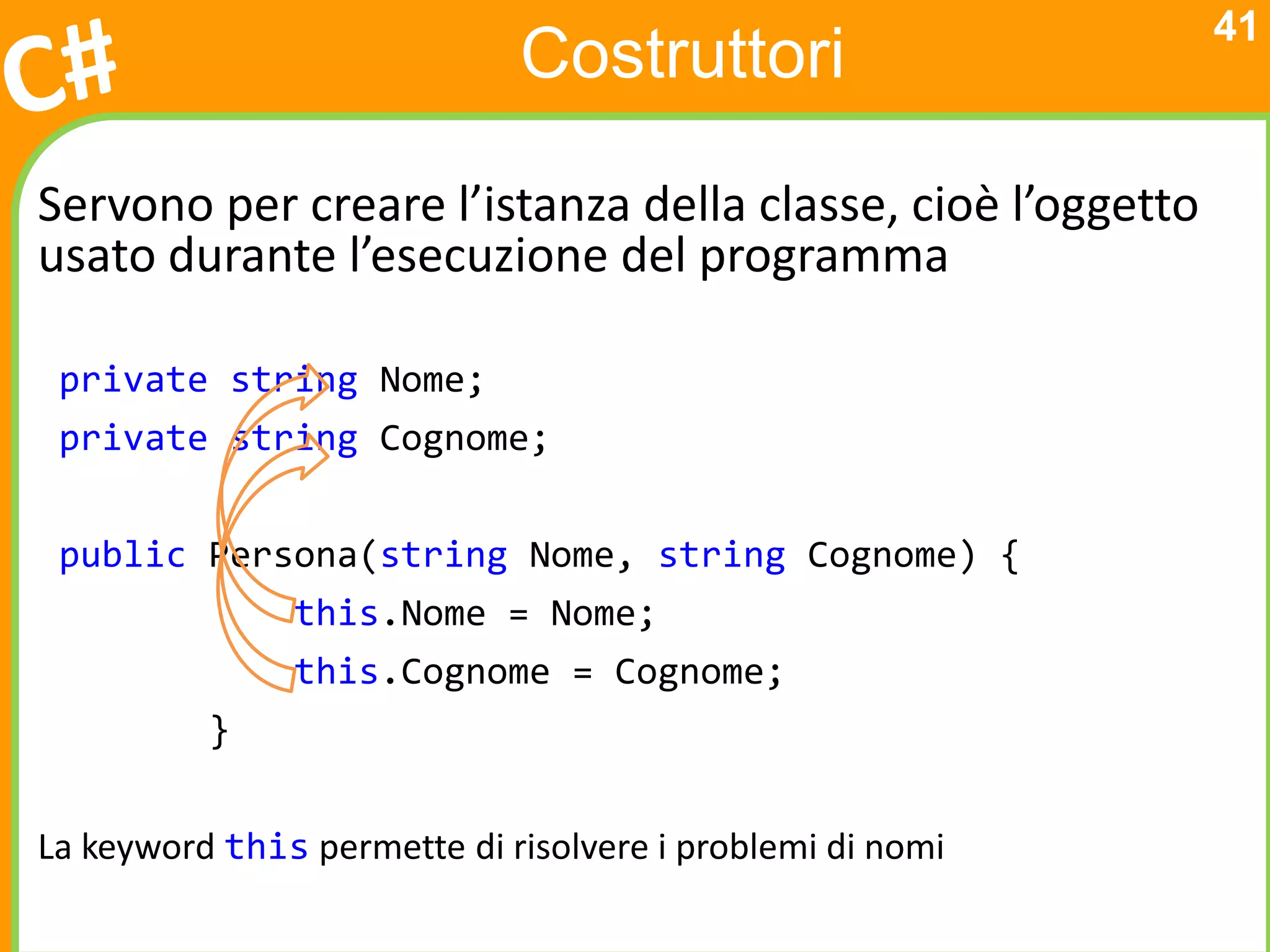 41
                             Costruttori

Servono per creare l’istanza della classe, cioè l’oggetto
usato durante l’esecuzione del programma

 private string Nome;
 private string Cognome;


 public Persona(string Nome, string Cognome) {
               this.Nome = Nome;
               this.Cognome = Cognome;
          }


La keyword this permette di risolvere i problemi di nomi
 