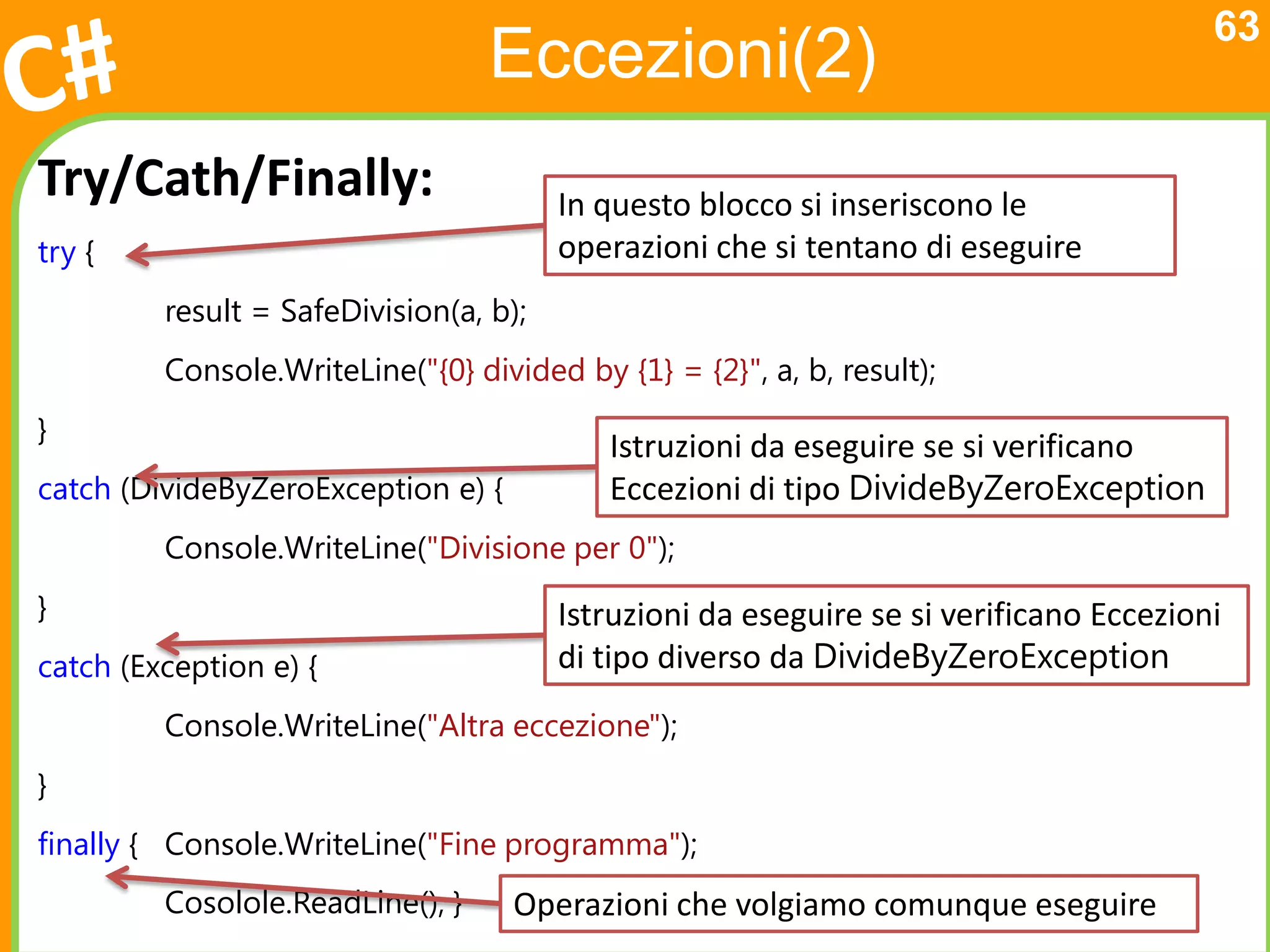 63
                                  Eccezioni(2)
Try/Cath/Finally:                       In questo blocco si inseriscono le
try {                                   operazioni che si tentano di eseguire
         result = SafeDivision(a, b);
         Console.WriteLine("{0} divided by {1} = {2}", a, b, result);
}
                                           Istruzioni da eseguire se si verificano
catch (DivideByZeroException e) {          Eccezioni di tipo DivideByZeroException
         Console.WriteLine("Divisione per 0");
}                                       Istruzioni da eseguire se si verificano Eccezioni
catch (Exception e) {                   di tipo diverso da DivideByZeroException
         Console.WriteLine("Altra eccezione");
}
finally { Console.WriteLine("Fine programma");
         Cosolole.ReadLine(); }     Operazioni che volgiamo comunque eseguire
 