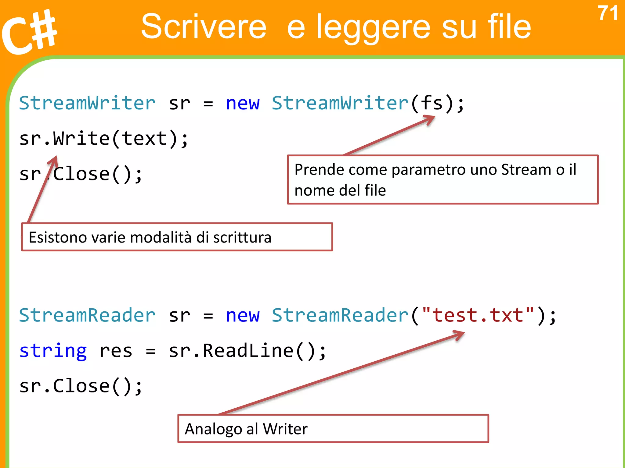 71
                Scrivere e leggere su file

StreamWriter sr = new StreamWriter(fs);
sr.Write(text);
sr.Close();                            Prende come parametro uno Stream o il
                                       nome del file

Esistono varie modalità di scrittura



StreamReader sr = new StreamReader("test.txt");
string res = sr.ReadLine();
sr.Close();

                       Analogo al Writer
 