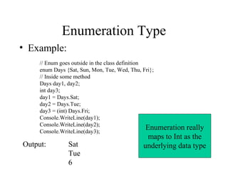 Enumeration Type 
• Example: 
// Enum goes outside in the class definition 
enum Days {Sat, Sun, Mon, Tue, Wed, Thu, Fri}; 
// Inside some method 
Days day1, day2; 
int day3; 
day1 = Days.Sat; 
day2 = Days.Tue; 
day3 = (int) Days.Fri; 
Console.WriteLine(day1); 
Console.WriteLine(day2); 
Console.WriteLine(day3); 
Output: Sat 
Tue 
6 
Enumeration really 
maps to Int as the 
underlying data type 
 