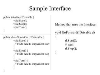 Sample Interface 
public interface IDrivable { 
void Start(); 
void Stop(); 
void Turn(); 
} 
public class SportsCar : IDriveable { 
void Start() { 
// Code here to implement start 
} 
void Stop() { 
// Code here to implement stop 
} 
void Turn() { 
// Code here to implement turn 
} 
} 
Method that uses the Interface: 
void GoForward(IDrivable d) 
{ 
d.Start(); 
// wait 
d.Stop(); 
} 
 
