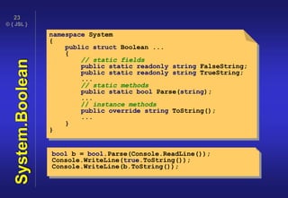© { JSL }
23
System.Boolean
namespace System
{
public struct Boolean ...
{
// static fields
public static readonly string FalseString;
public static readonly string TrueString;
...
// static methods
public static bool Parse(string);
...
// instance methods
public override string ToString();
...
}
}
bool b = bool.Parse(Console.ReadLine());
Console.WriteLine(true.ToString());
Console.WriteLine(b.ToString());
 