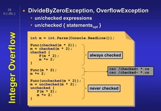 © { JSL }
35
IntegerOverflow  DivideByZeroException, OverflowException
 un/checked expressions
 un/checked { statementsopt }
int m = int.Parse(Console.ReadLine());
Func(checked(m * 2));
m = checked(m * 2);
checked {
F(m * 2);
m *= 2;
}
Func(m * 2);
m *= 2;
Func(unchecked(m * 2));
m = unchecked(m * 2);
unchecked {
F(m * 2);
m *= 2;
}
always checked
never checked
csc /checked+ *.cs
csc /checked- *.cs
 