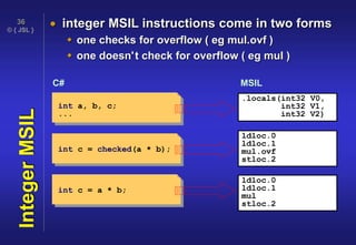 © { JSL }
36
IntegerMSIL  integer MSIL instructions come in two forms
 one checks for overflow ( eg mul.ovf )
 one doesn't check for overflow ( eg mul )
int a, b, c;
...
.locals(int32 V0,
int32 V1,
int32 V2)
int c = checked(a * b);
ldloc.0
ldloc.1
mul.ovf
stloc.2
int c = a * b;
ldloc.0
ldloc.1
mul
stloc.2
C# MSIL
 