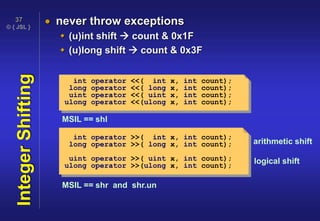 © { JSL }
37
IntegerShifting  never throw exceptions
 (u)int shift  count & 0x1F
 (u)long shift  count & 0x3F
int operator <<( int x, int count);
long operator <<( long x, int count);
uint operator <<( uint x, int count);
ulong operator <<(ulong x, int count);
int operator >>( int x, int count);
long operator >>( long x, int count);
uint operator >>( uint x, int count);
ulong operator >>(ulong x, int count);
arithmetic shift
logical shift
MSIL == shl
MSIL == shr and shr.un
 