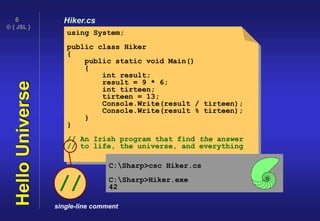© { JSL }
6
HelloUniverse Hiker.cs
using System;
public class Hiker
{
public static void Main()
{
int result;
result = 9 * 6;
int tirteen;
tirteen = 13;
Console.Write(result / tirteen);
Console.Write(result % tirteen);
}
}
// An Irish program that find the answer
// to life, the universe, and everything
C:Sharp>csc Hiker.cs
C:Sharp>Hiker.exe
42//
single-line comment
 