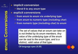 © { JSL }
60
enumConversions  implicit conversion
 literal 0 to any enum type
 explicit conversions
 from enum to enum via underlying type
 from enum to numeric type (including char)
 from numeric type (including char) to enum
The set of values that an enum can take on
is not limited by its enum members. Any
value of the underlying type of the enum
can be cast to the enum type, and is a
distinct, valid value of that type.
C# language spec (0.26)
 