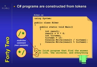 © { JSL }
9
FortyTwo  C# programs are constructed from tokens
Hiker.cs
/*
*/
using System;
public class Hiker
{
public static void Main()
{
int result;
result = 9 * 6;
int tirteen;
tirteen = 13;
Console.Write(result / tirteen);
Console.Write(result % tirteen);
}
}
/* An Irish program that find the answer
* to life, the universe, and everything
*/
multi-line
comment
(non nestable)
 