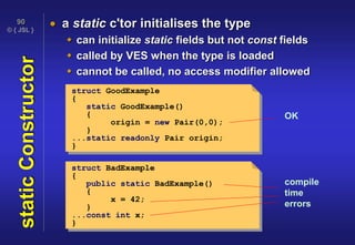 © { JSL }
90
staticConstructor  a static c'tor initialises the type
 can initialize static fields but not const fields
 called by VES when the type is loaded
 cannot be called, no access modifier allowed
struct GoodExample
{
static GoodExample()
{
origin = new Pair(0,0);
}
...static readonly Pair origin;
}
OK
struct BadExample
{
public static BadExample()
{
x = 42;
}
...const int x;
}
compile
time
errors
 