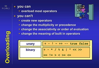 © { JSL }
94
Overloading  you can
 overload most operators
 you can't
 create new operators
 change the multiplicity or precedence
 change the associativity or order of evaluation
 change the meaning of built in operators
unary + - ! ~ ++ -- true false
binary + - * / % & | ^ << >>
== != > < >= <=
 