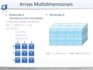 Hélder Oliveira helderjmo@gmail.com Introdução ao C#
• Dimensão 2
(Exemplo da matriz identidade):
//inicialização estática
int [,]matriz = new
int[3,3]{
{1,0,0},
{0,1,0},
{0,0,1}};
• Dimensão 3
int [,,]matriz = new int[2,4,2];
1 0 0
0 1 2
0 1 0
0 0 1
0
1
2
 