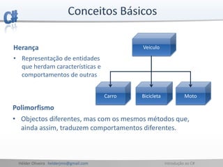 Hélder Oliveira helderjmo@gmail.com Introdução ao C#
Herança
• Representação de entidades
que herdam características e
comportamentos de outras
Veiculo
Carro Bicicleta Moto
Polimorfismo
• Objectos diferentes, mas com os mesmos métodos que,
ainda assim, traduzem comportamentos diferentes.
 