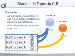 Hélder Oliveira helderjmo@gmail.com Introdução ao C#
Referências
• Ao manipular um objecto, este
não é manipulado directamente,
mas sim a sua referência.
• Uma referência vazia contem o
valor null.
MyObject a
MyObject b
MyObject c
Instância A
Instância B
 