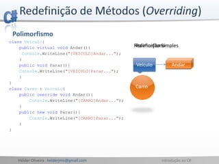 Hélder Oliveira helderjmo@gmail.com Introdução ao C#
Polimorfismo
• É a forma mais coerente de
redefinir métodos em objectos
que derivam de outros
• Implica alguma perda de
performance
• Usa-se a palavra-chave
virtual para indicar que
um método pode ser
redefinido
• Usa-se o termo override
para indicar a redefinição de
um método
Veiculo
Carro
Andar
Redefinição Simples
Andar
Polimorfismo
class Veiculo{
public virtual void Andar(){
Console.WriteLine("[VEICULO]Andar...");
}
public void Parar(){
Console.WriteLine("[VEICULO]Parar...");
}
}
class Carro : Veiculo{
public override void Andar(){
Console.WriteLine("[CARRO]Andar...");
}
public new void Parar(){
Console.WriteLine("[CARRO]Parar...");
}
}
 