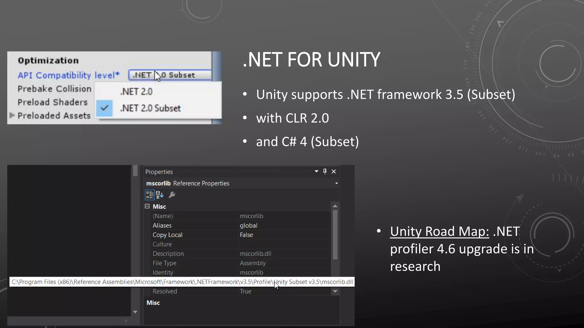 .NET FOR UNITY
• Unity supports .NET framework 3.5 (Subset)
• with CLR 2.0
• and C# 4 (Subset)
• Unity Road Map: .NET
profiler 4.6 upgrade is in
research
 