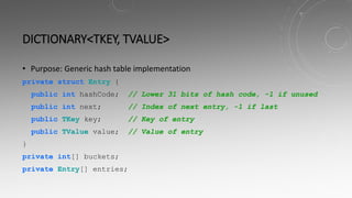 DICTIONARY<TKEY, TVALUE>
• Purpose: Generic hash table implementation
private struct Entry {
public int hashCode; // Lower 31 bits of hash code, -1 if unused
public int next; // Index of next entry, -1 if last
public TKey key; // Key of entry
public TValue value; // Value of entry
}
private int[] buckets;
private Entry[] entries;
 
