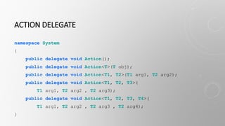 ACTION DELEGATE
namespace System
{
public delegate void Action();
public delegate void Action<T>(T obj);
public delegate void Action<T1, T2>(T1 arg1, T2 arg2);
public delegate void Action<T1, T2, T3>(
T1 arg1, T2 arg2 , T2 arg3);
public delegate void Action<T1, T2, T3, T4>(
T1 arg1, T2 arg2 , T2 arg3 , T2 arg4);
}
 