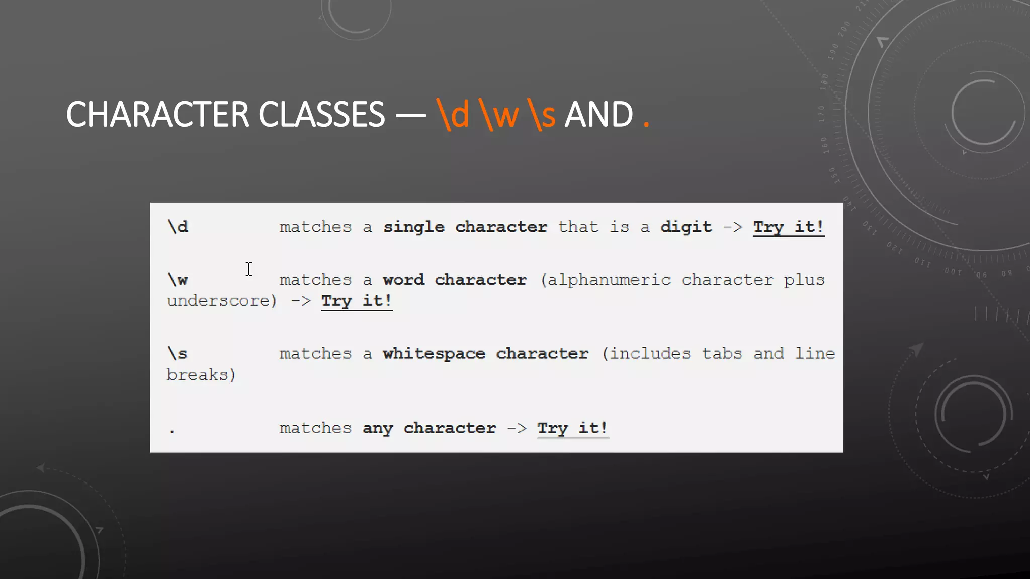 CHARACTER CLASSES — d w s AND .
 