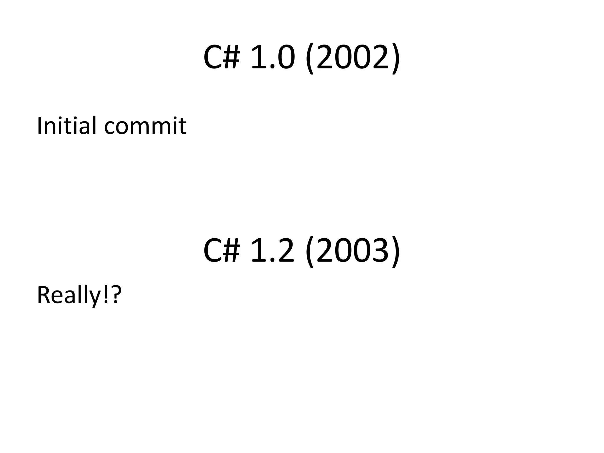 C# 1.0 (2002)
Initial commit
C# 1.2 (2003)
Really!?
 