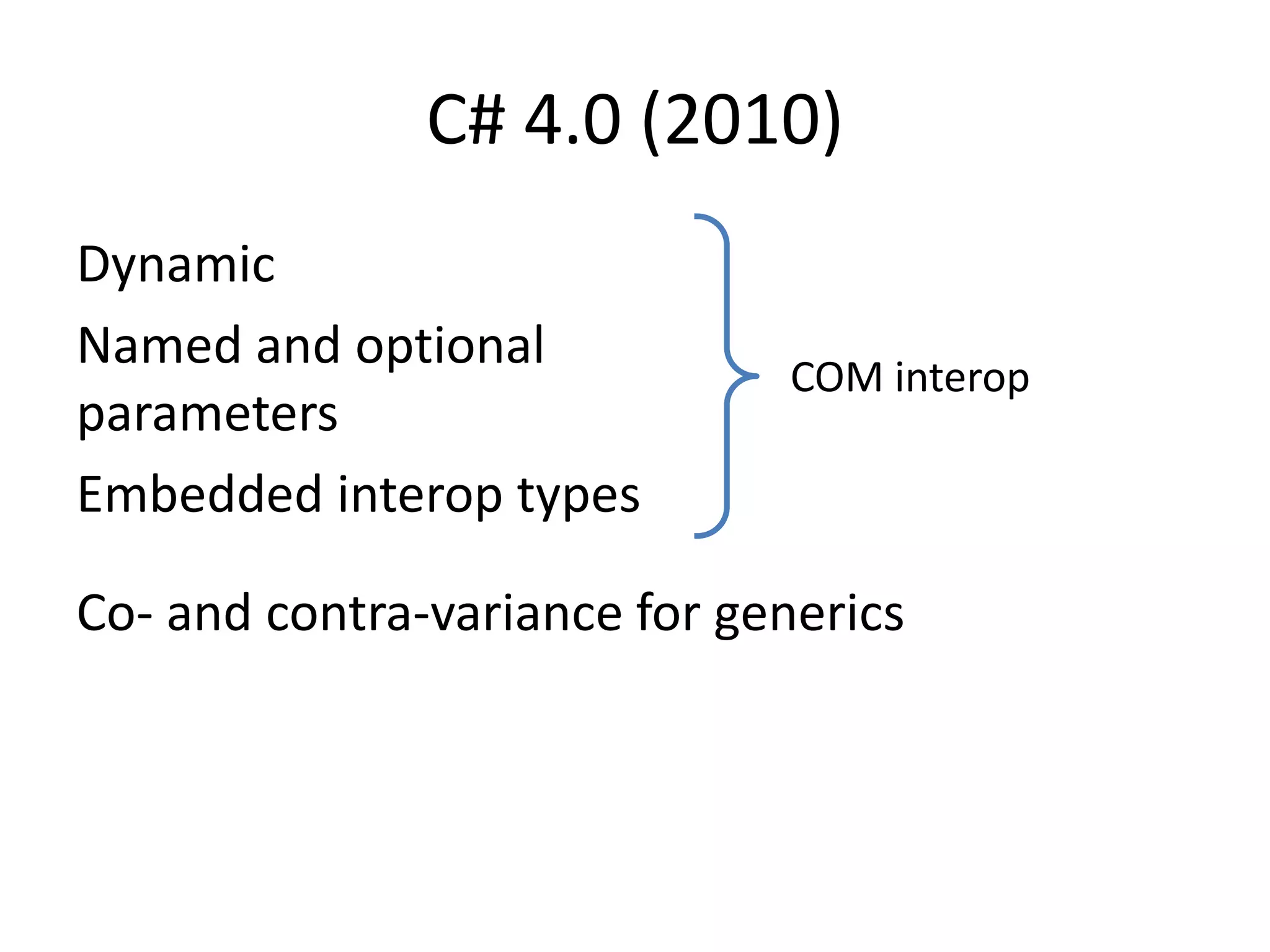 C# 4.0 (2010)
Dynamic
Named and optional
parameters
Embedded interop types
Co- and contra-variance for generics
COM interop
 