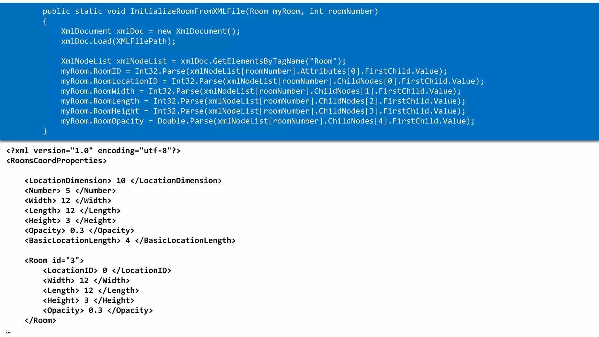 XML 
<?xml version="1.0" encoding="utf-8"?> 
<RoomsCoordProperties> 
<LocationDimension> 10 </LocationDimension> 
<Number> 5 </Number> 
<Width> 12 </Width> 
<Length> 12 </Length> 
<Height> 3 </Height> 
<Opacity> 0.3 </Opacity> 
<BasicLocationLength> 4 </BasicLocationLength> 
<Room id="3"> 
<LocationID> 0 </LocationID> 
<Width> 12 </Width> 
<Length> 12 </Length> 
<Height> 3 </Height> 
<Opacity> 0.3 </Opacity> 
</Room> 
… 
public static void InitializeRoomFromXMLFile(Room myRoom, introomNumber) 
{ 
XmlDocumentxmlDoc= new XmlDocument(); 
xmlDoc.Load(XMLFilePath); 
XmlNodeListxmlNodeList= xmlDoc.GetElementsByTagName("Room"); 
myRoom.RoomID= Int32.Parse(xmlNodeList[roomNumber].Attributes[0].FirstChild.Value); 
myRoom.RoomLocationID= Int32.Parse(xmlNodeList[roomNumber].ChildNodes[0].FirstChild.Value); 
myRoom.RoomWidth= Int32.Parse(xmlNodeList[roomNumber].ChildNodes[1].FirstChild.Value); 
myRoom.RoomLength= Int32.Parse(xmlNodeList[roomNumber].ChildNodes[2].FirstChild.Value); 
myRoom.RoomHeight= Int32.Parse(xmlNodeList[roomNumber].ChildNodes[3].FirstChild.Value); 
myRoom.RoomOpacity= Double.Parse(xmlNodeList[roomNumber].ChildNodes[4].FirstChild.Value); 
}  