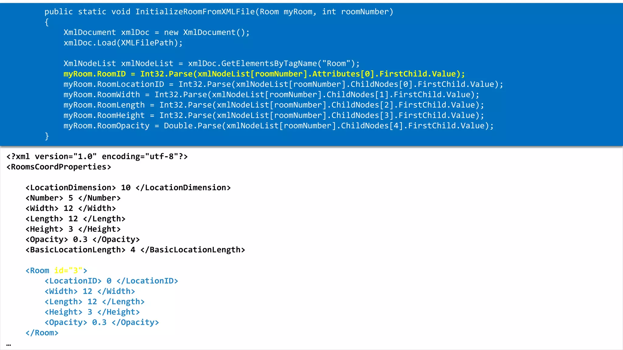 XML 
<?xml version="1.0" encoding="utf-8"?> 
<RoomsCoordProperties> 
<LocationDimension> 10 </LocationDimension> 
<Number> 5 </Number> 
<Width> 12 </Width> 
<Length> 12 </Length> 
<Height> 3 </Height> 
<Opacity> 0.3 </Opacity> 
<BasicLocationLength> 4 </BasicLocationLength> 
<Room id="3"> 
<LocationID> 0 </LocationID> 
<Width> 12 </Width> 
<Length> 12 </Length> 
<Height> 3 </Height> 
<Opacity> 0.3 </Opacity> 
</Room> 
… 
public static void InitializeRoomFromXMLFile(Room myRoom, introomNumber) 
{ 
XmlDocumentxmlDoc= new XmlDocument(); 
xmlDoc.Load(XMLFilePath); 
XmlNodeListxmlNodeList= xmlDoc.GetElementsByTagName("Room"); 
myRoom.RoomID= Int32.Parse(xmlNodeList[roomNumber].Attributes[0].FirstChild.Value); 
myRoom.RoomLocationID= Int32.Parse(xmlNodeList[roomNumber].ChildNodes[0].FirstChild.Value); 
myRoom.RoomWidth= Int32.Parse(xmlNodeList[roomNumber].ChildNodes[1].FirstChild.Value); 
myRoom.RoomLength= Int32.Parse(xmlNodeList[roomNumber].ChildNodes[2].FirstChild.Value); 
myRoom.RoomHeight= Int32.Parse(xmlNodeList[roomNumber].ChildNodes[3].FirstChild.Value); 
myRoom.RoomOpacity= Double.Parse(xmlNodeList[roomNumber].ChildNodes[4].FirstChild.Value); 
}  