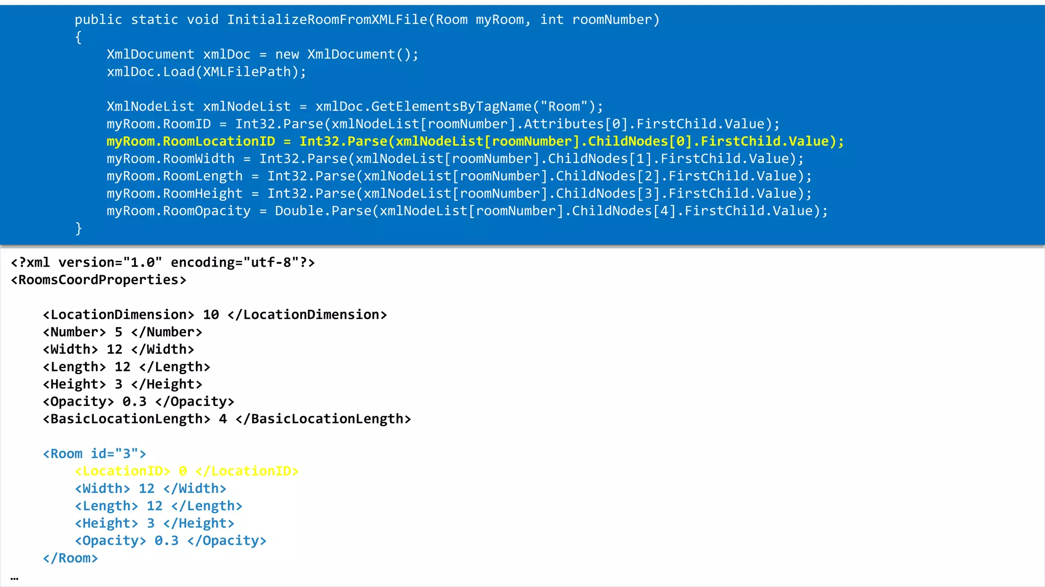 XML 
<?xml version="1.0" encoding="utf-8"?> 
<RoomsCoordProperties> 
<LocationDimension> 10 </LocationDimension> 
<Number> 5 </Number> 
<Width> 12 </Width> 
<Length> 12 </Length> 
<Height> 3 </Height> 
<Opacity> 0.3 </Opacity> 
<BasicLocationLength> 4 </BasicLocationLength> 
<Room id="3"> 
<LocationID> 0 </LocationID> 
<Width> 12 </Width> 
<Length> 12 </Length> 
<Height> 3 </Height> 
<Opacity> 0.3 </Opacity> 
</Room> 
… 
public static void InitializeRoomFromXMLFile(Room myRoom, introomNumber) 
{ 
XmlDocumentxmlDoc= new XmlDocument(); 
xmlDoc.Load(XMLFilePath); 
XmlNodeListxmlNodeList= xmlDoc.GetElementsByTagName("Room"); 
myRoom.RoomID= Int32.Parse(xmlNodeList[roomNumber].Attributes[0].FirstChild.Value); 
myRoom.RoomLocationID= Int32.Parse(xmlNodeList[roomNumber].ChildNodes[0].FirstChild.Value); 
myRoom.RoomWidth= Int32.Parse(xmlNodeList[roomNumber].ChildNodes[1].FirstChild.Value); 
myRoom.RoomLength= Int32.Parse(xmlNodeList[roomNumber].ChildNodes[2].FirstChild.Value); 
myRoom.RoomHeight= Int32.Parse(xmlNodeList[roomNumber].ChildNodes[3].FirstChild.Value); 
myRoom.RoomOpacity= Double.Parse(xmlNodeList[roomNumber].ChildNodes[4].FirstChild.Value); 
}  
